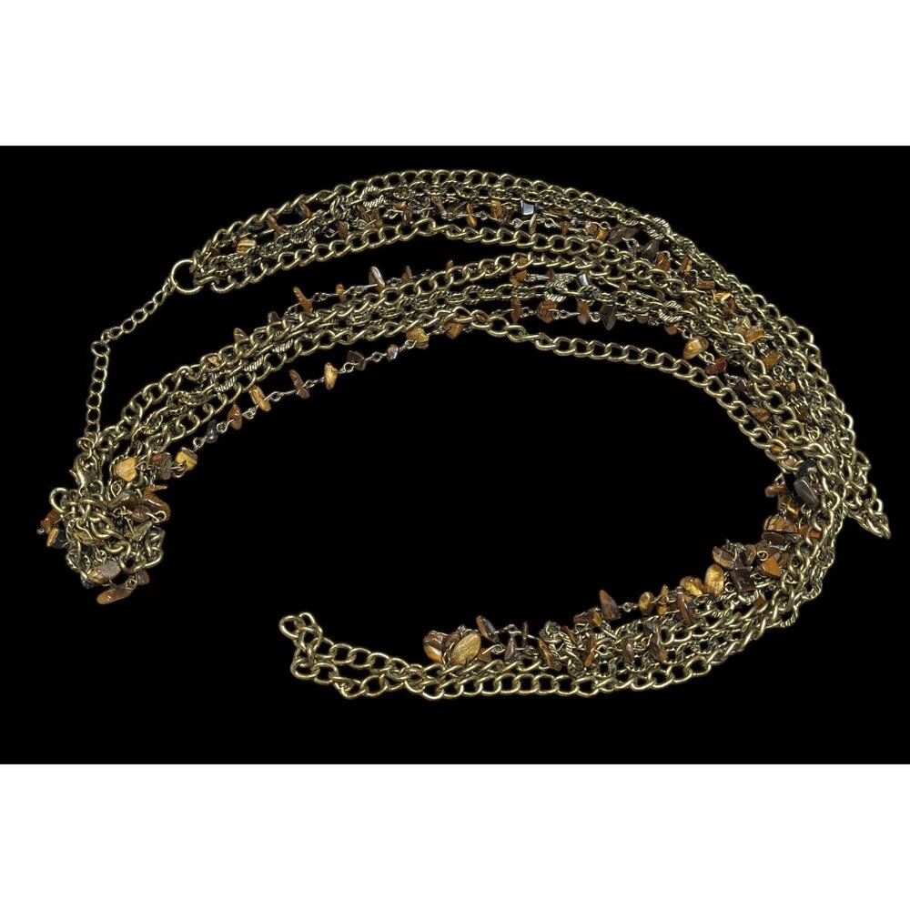 Multilayer Tiger Eye Chip Antiqued Gold Tone Chain Necklace